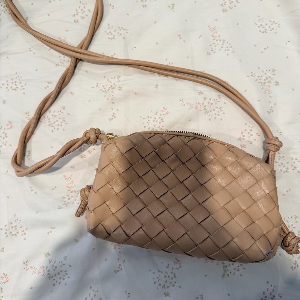 Tan Woven Faux Leather Crossbody Bag